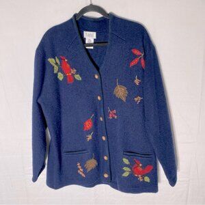 Vintage Tabi Pure New Wool Navy Blue Button Up Cardigan With Birds XL